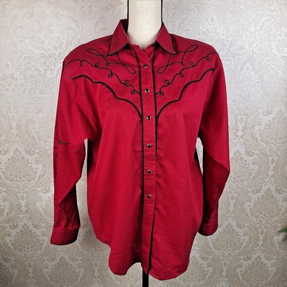 Vintage Panhandle Slim Size Medium Red Western Shirt Black Embroidery Snap Front - Picture 1 of 14